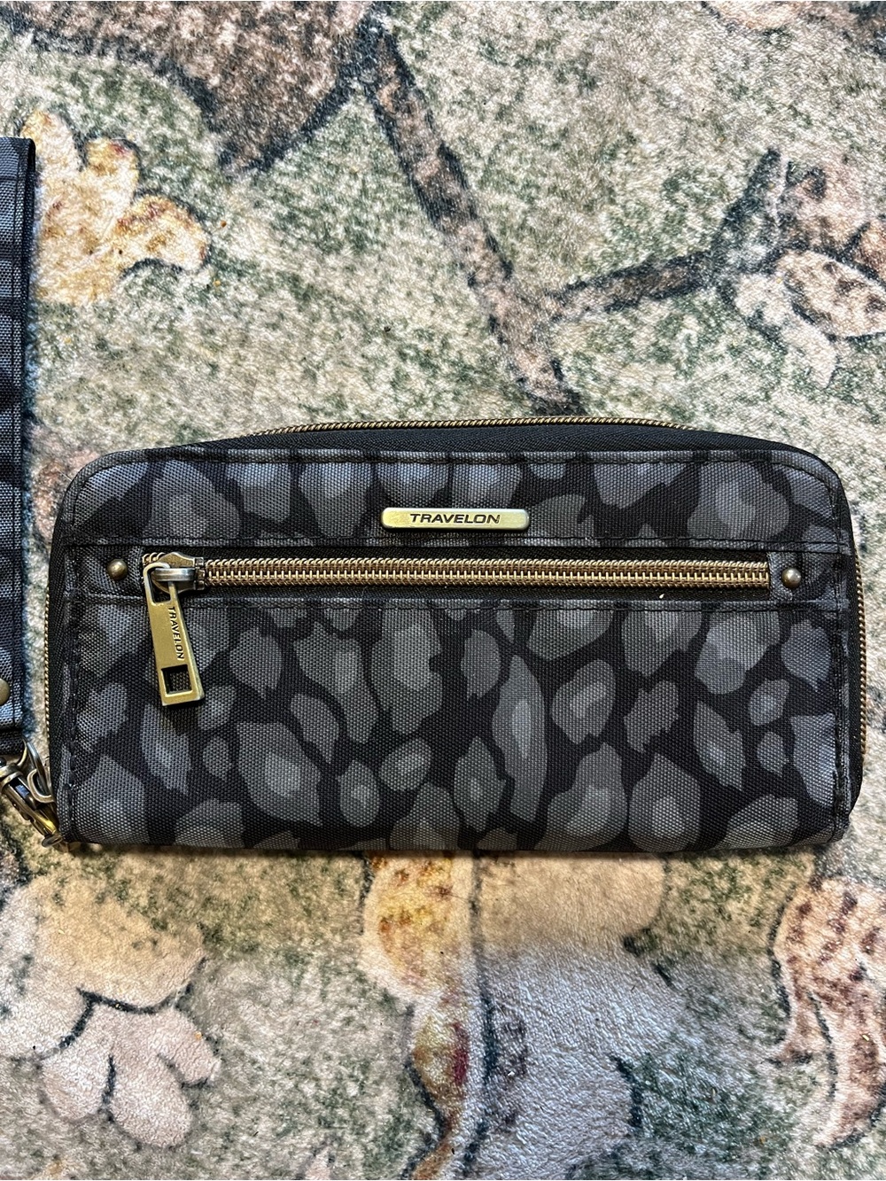 Travelon Black and Gray Leopard-Print Zip Wallet with Wristlet